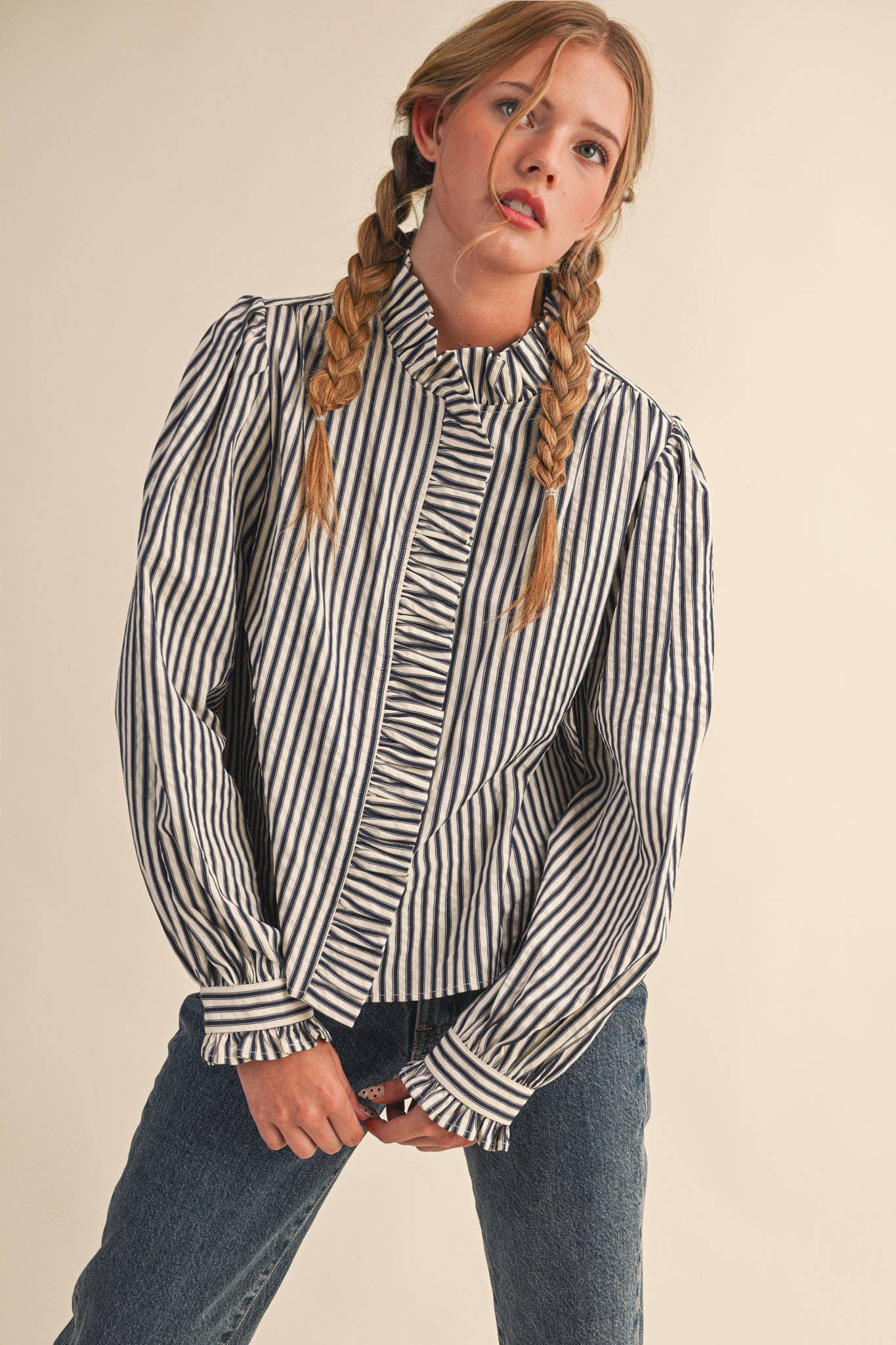 Ruffle Button Down Dark Denim Stripe