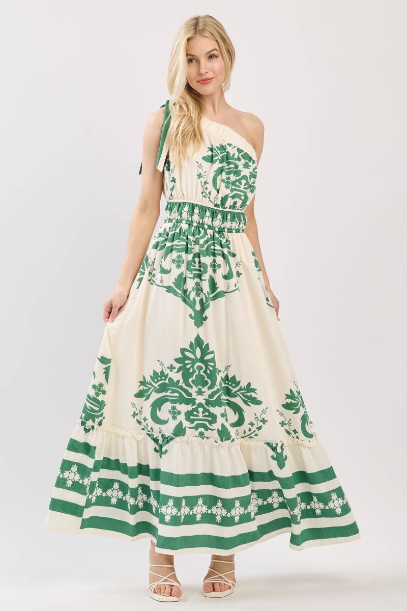 Damask Off Shoulder Maxi Green