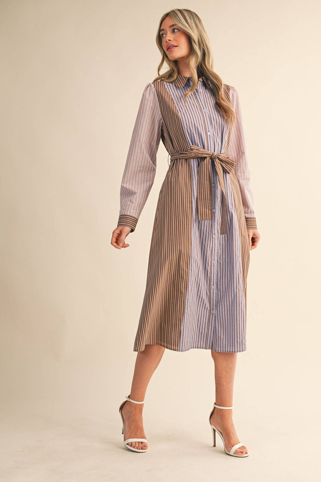 Mix Stripe Button Down Belted Midi Dress