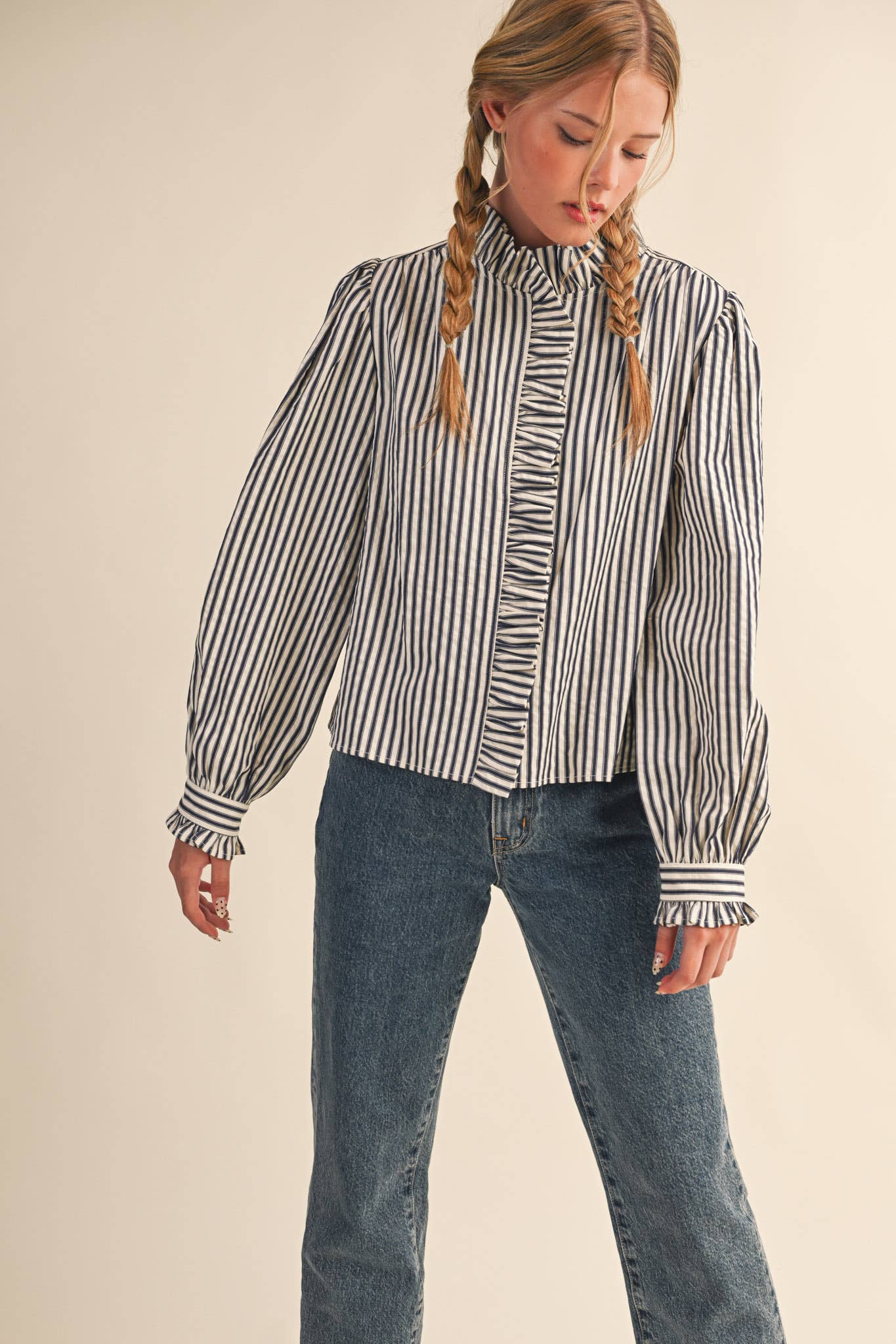 Ruffle Button Down Dark Denim Stripe
