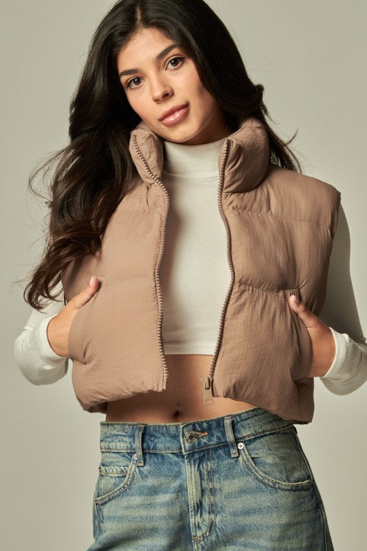 Crop Puffer Vest Taupe