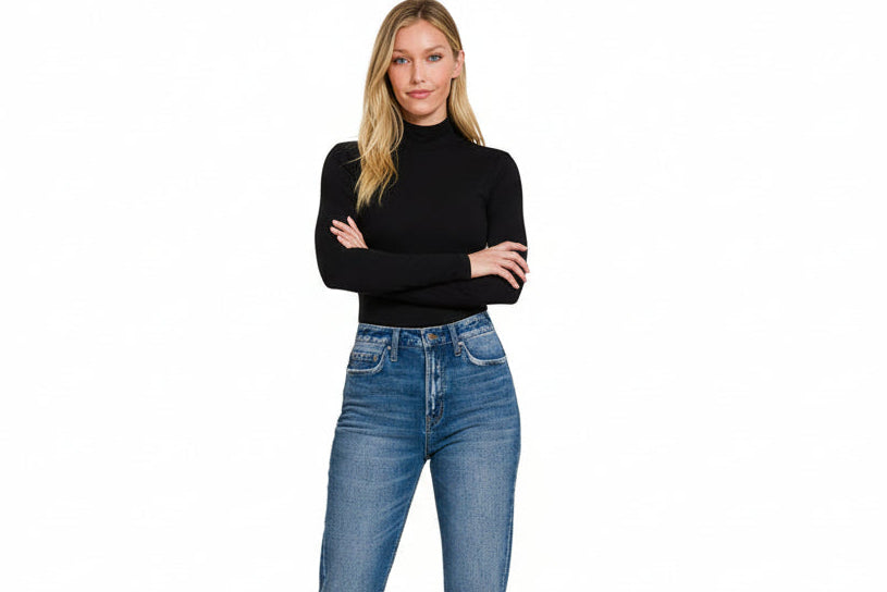 Mock Neck Long Sleeve Bodysuit Black