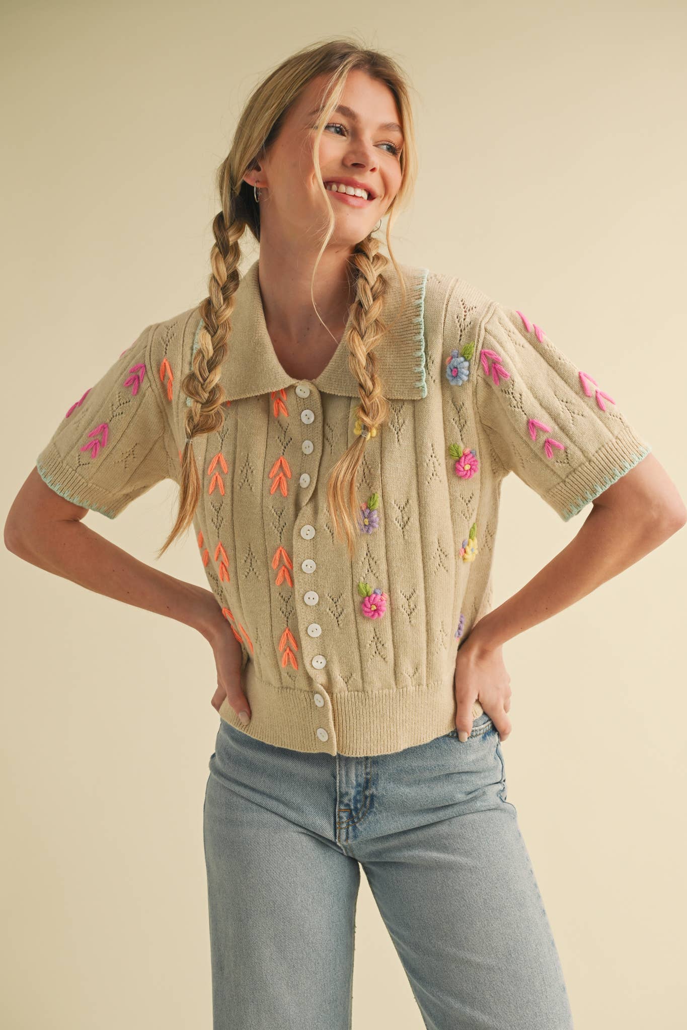 Hand Embroidered  Pointelle Crop Sweater