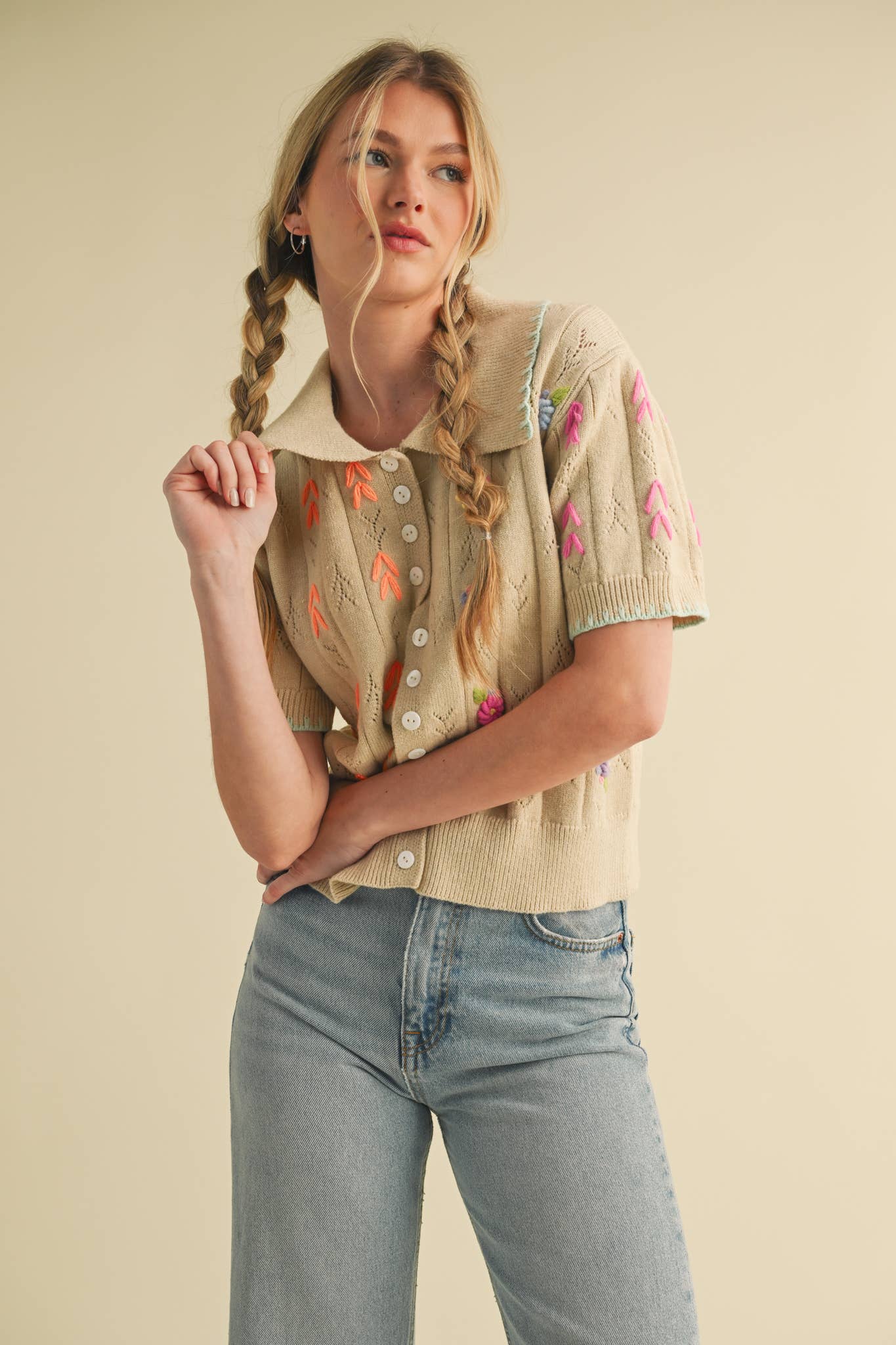 Hand Embroidered  Pointelle Crop Sweater