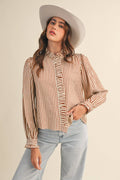 Ruffle Button Down Rust Stripe