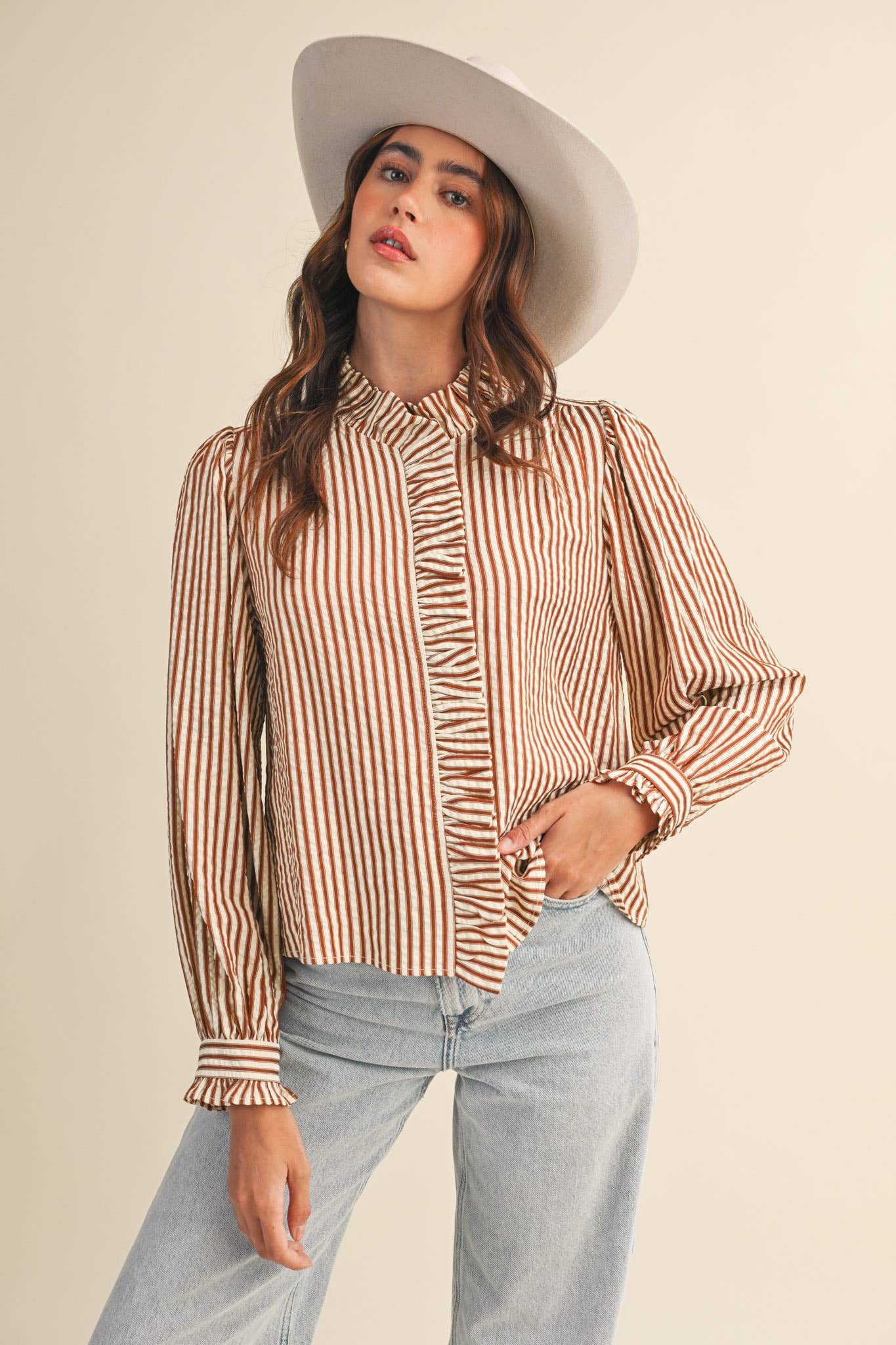 Ruffle Button Down Rust Stripe