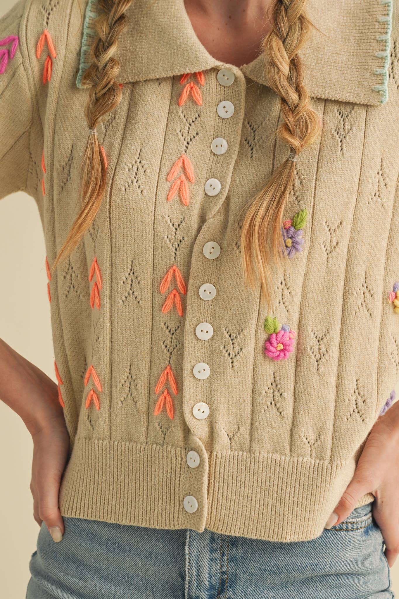 Hand Embroidered  Pointelle Crop Sweater