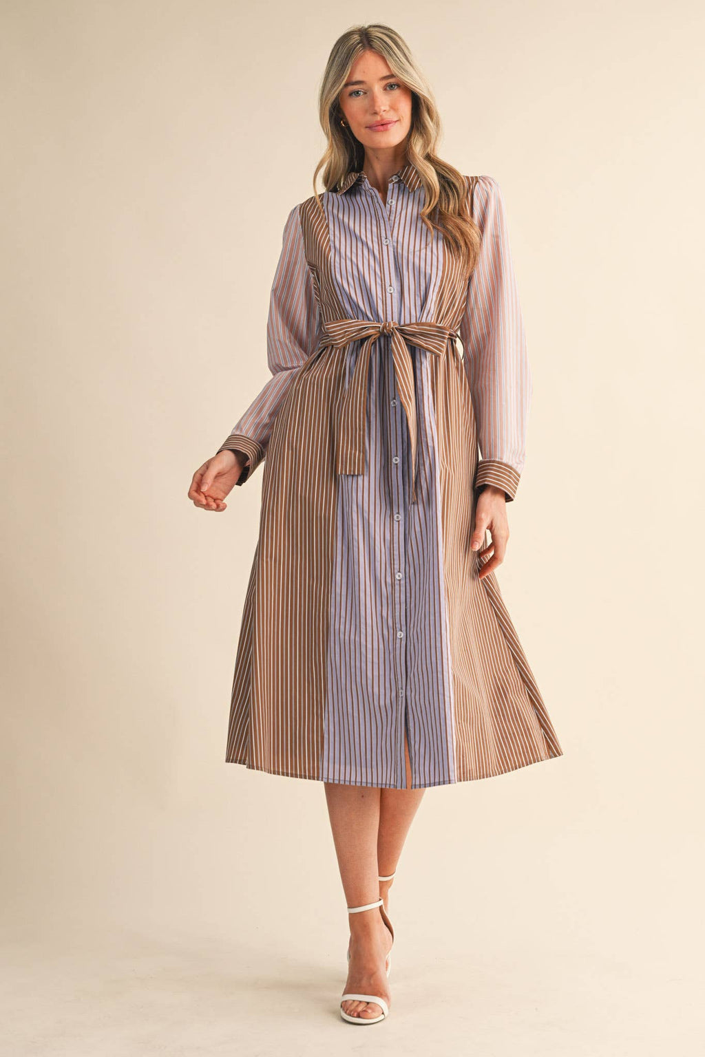 Mix Stripe Button Down Belted Midi Dress