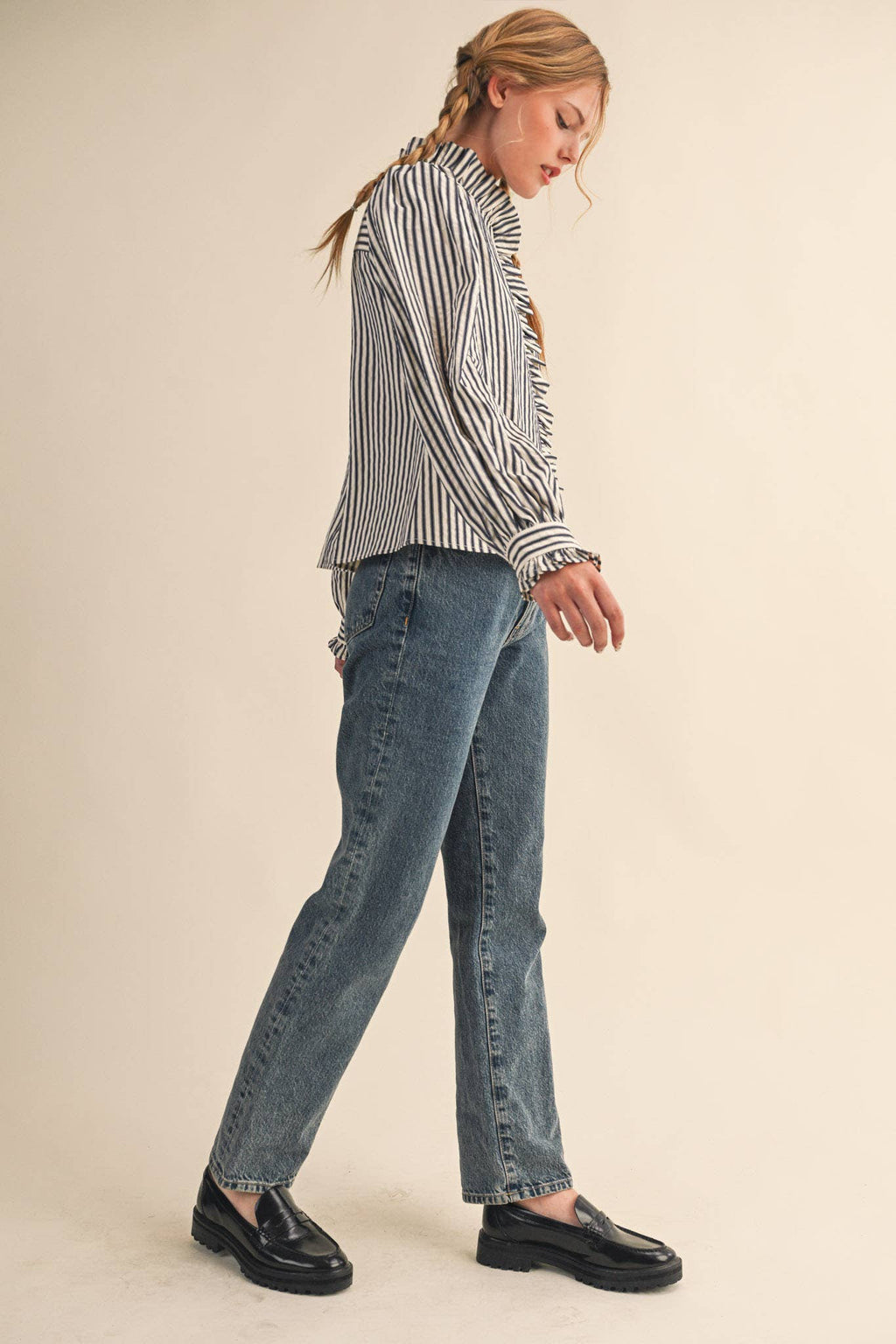 Ruffle Button Down Dark Denim Stripe