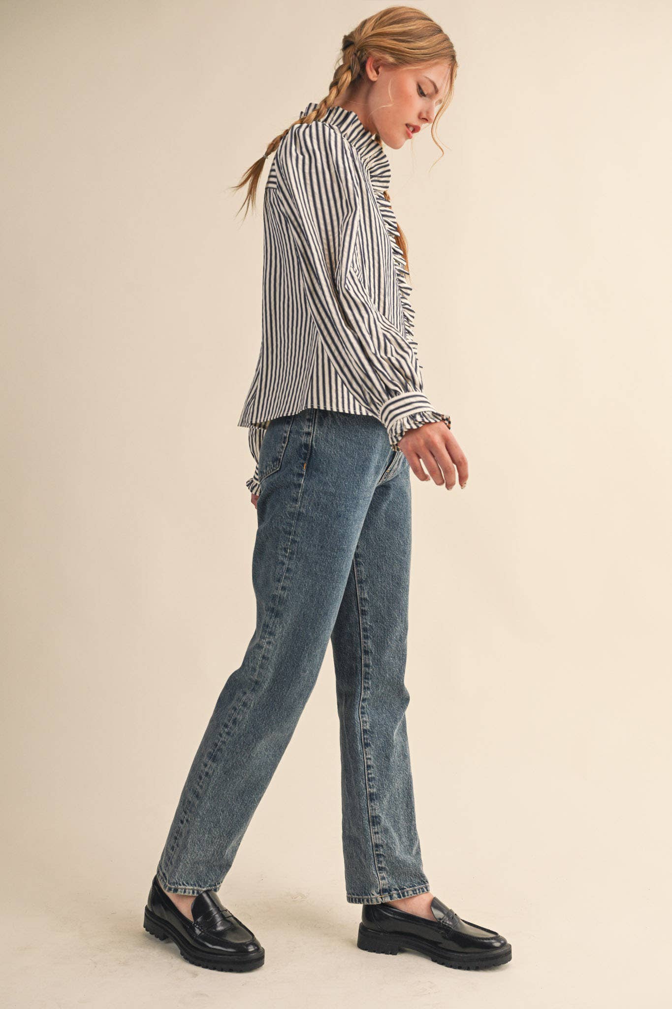 Ruffle Button Down Dark Denim Stripe