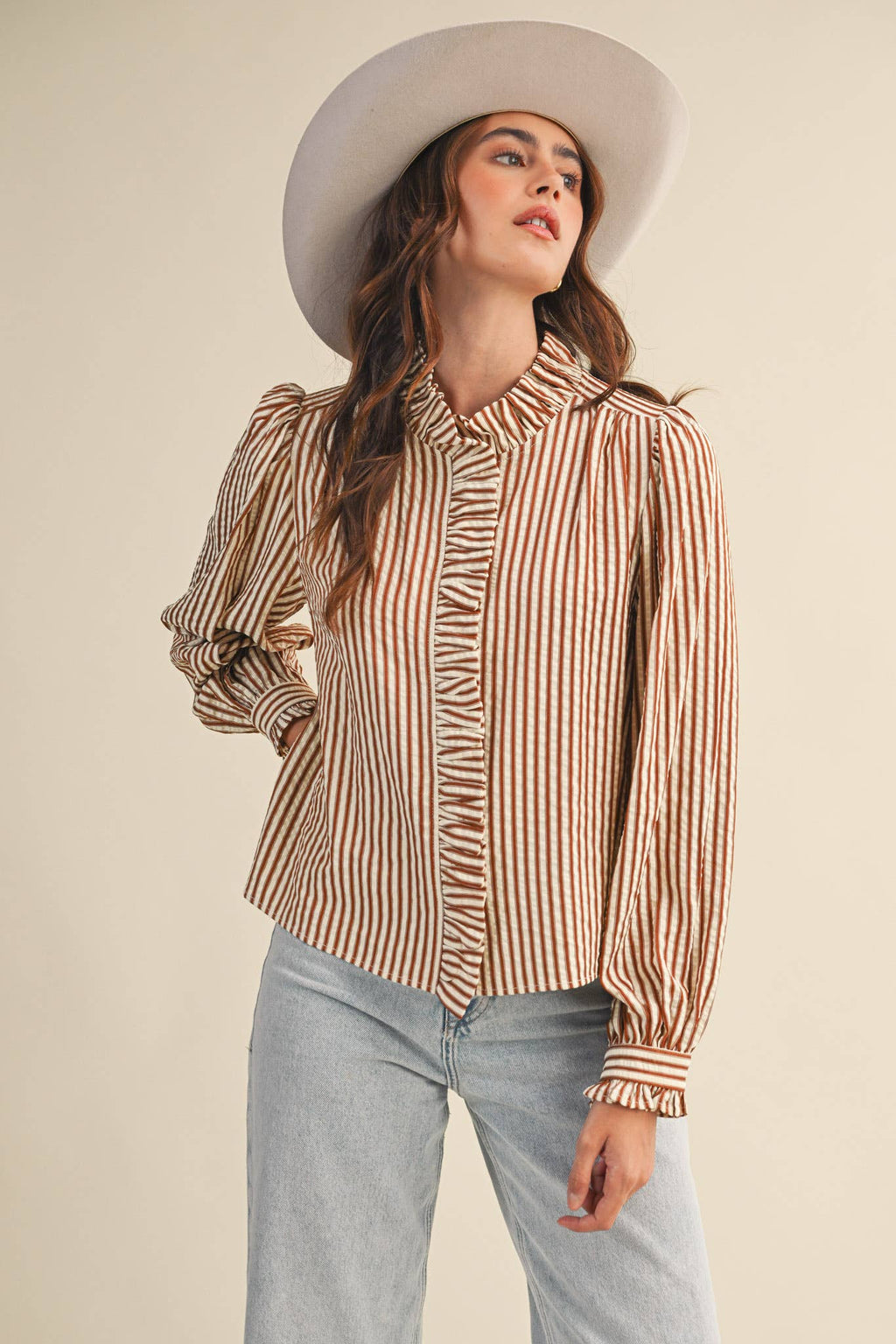 Ruffle Button Down Rust Stripe