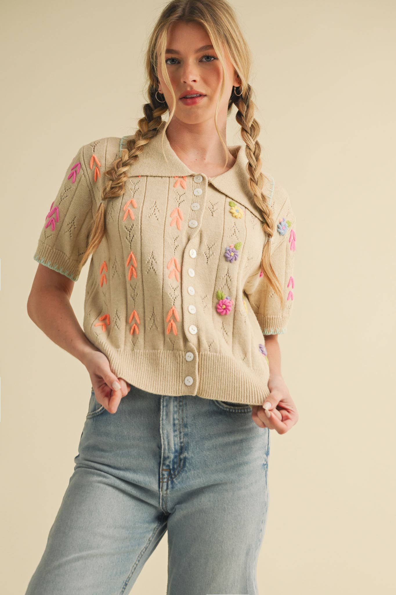 Hand Embroidered  Pointelle Crop Sweater