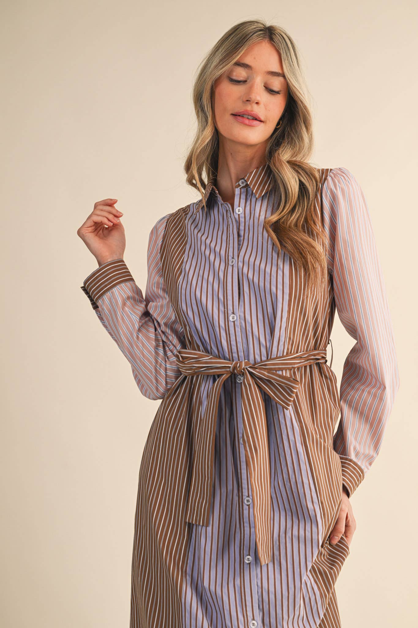 Mix Stripe Button Down Belted Midi Dress