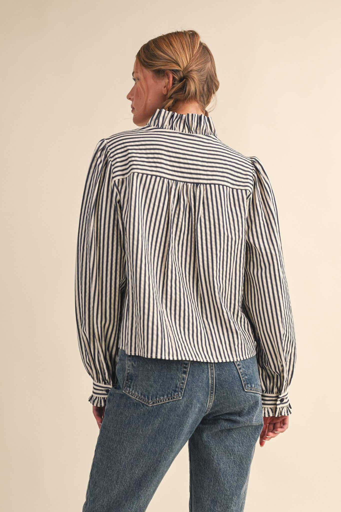 Ruffle Button Down Dark Denim Stripe
