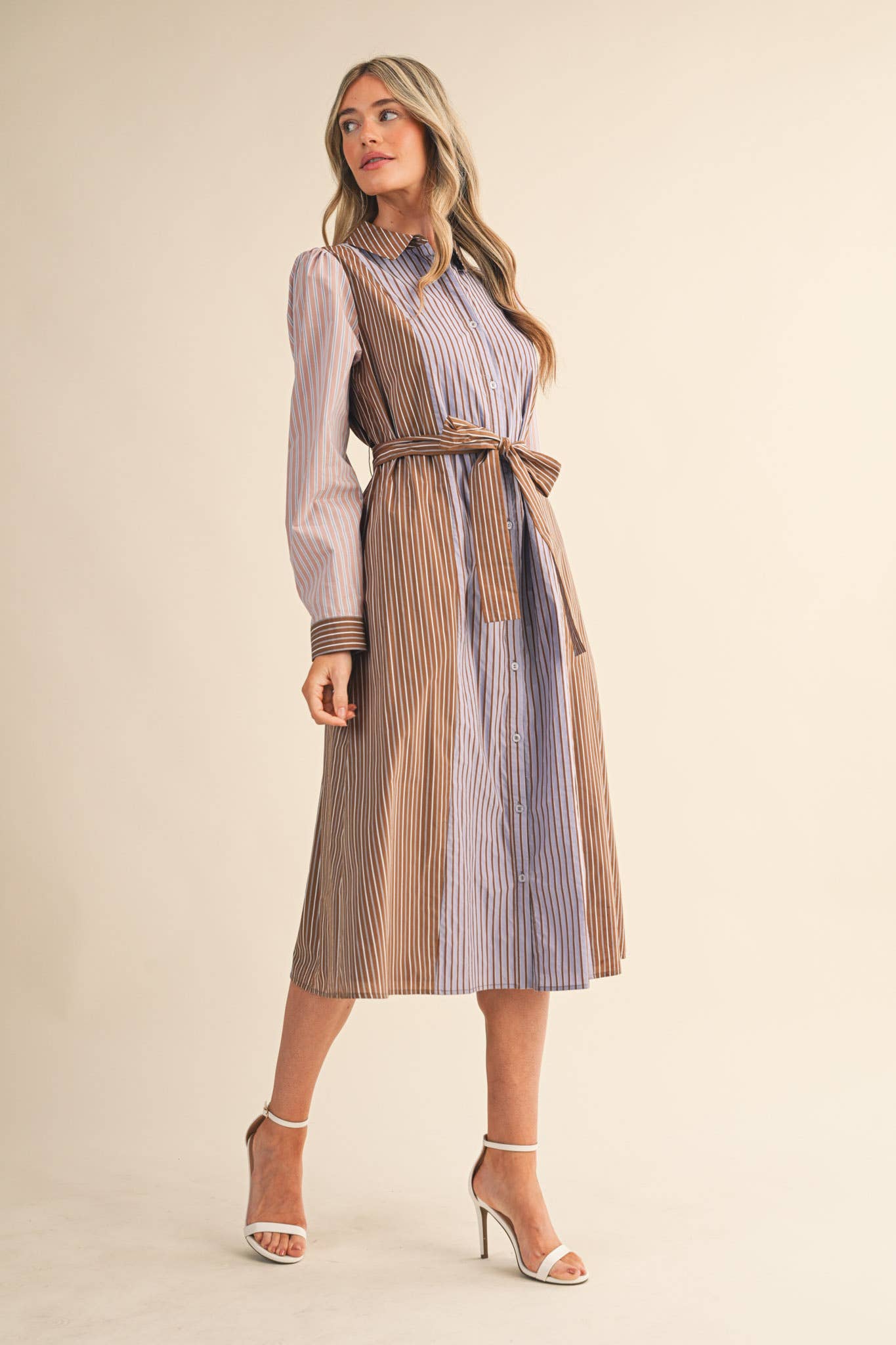 Mix Stripe Button Down Belted Midi Dress