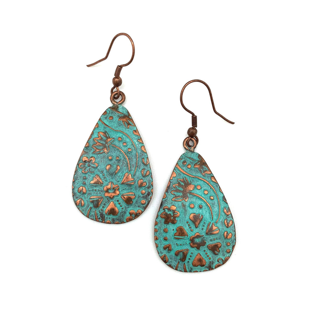 Copper Patina Earrings - Turquoise Floral and Vine