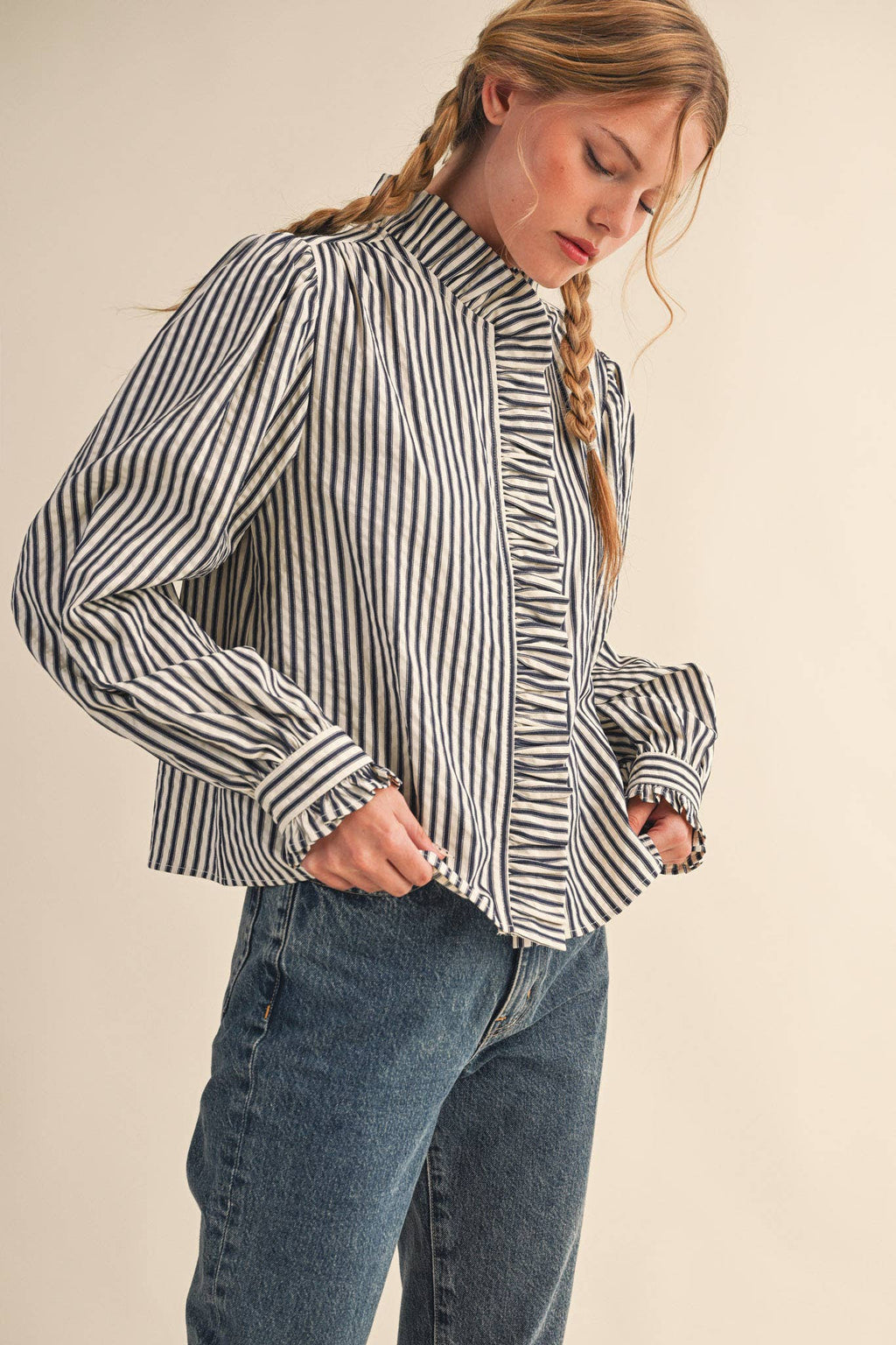 Ruffle Button Down Dark Denim Stripe
