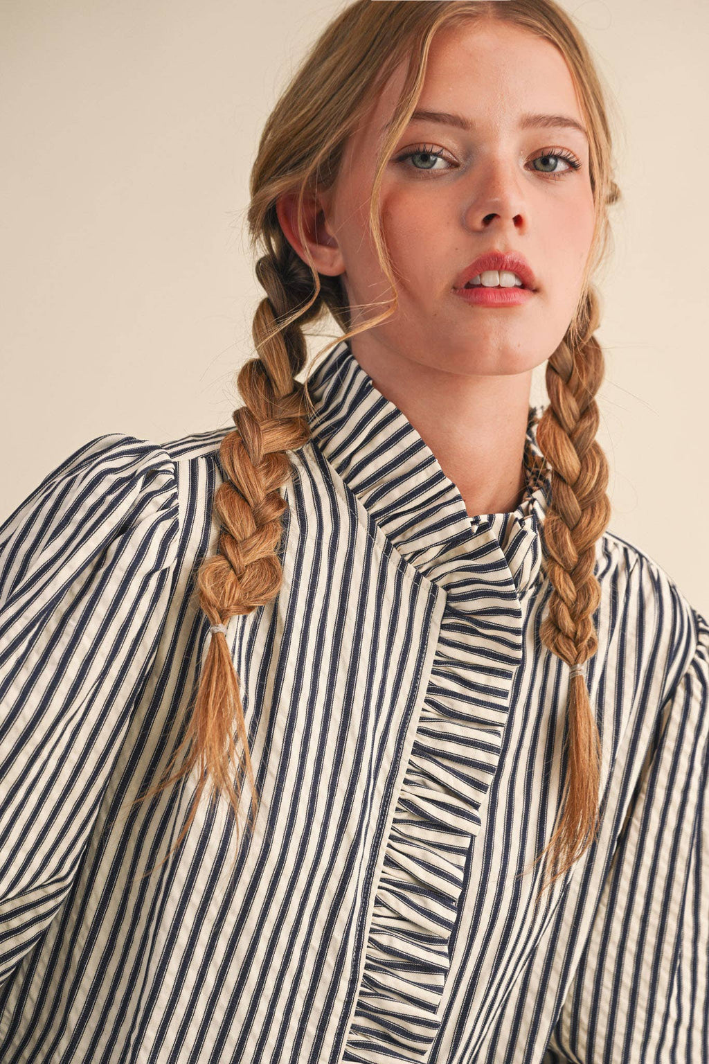 Ruffle Button Down Dark Denim Stripe