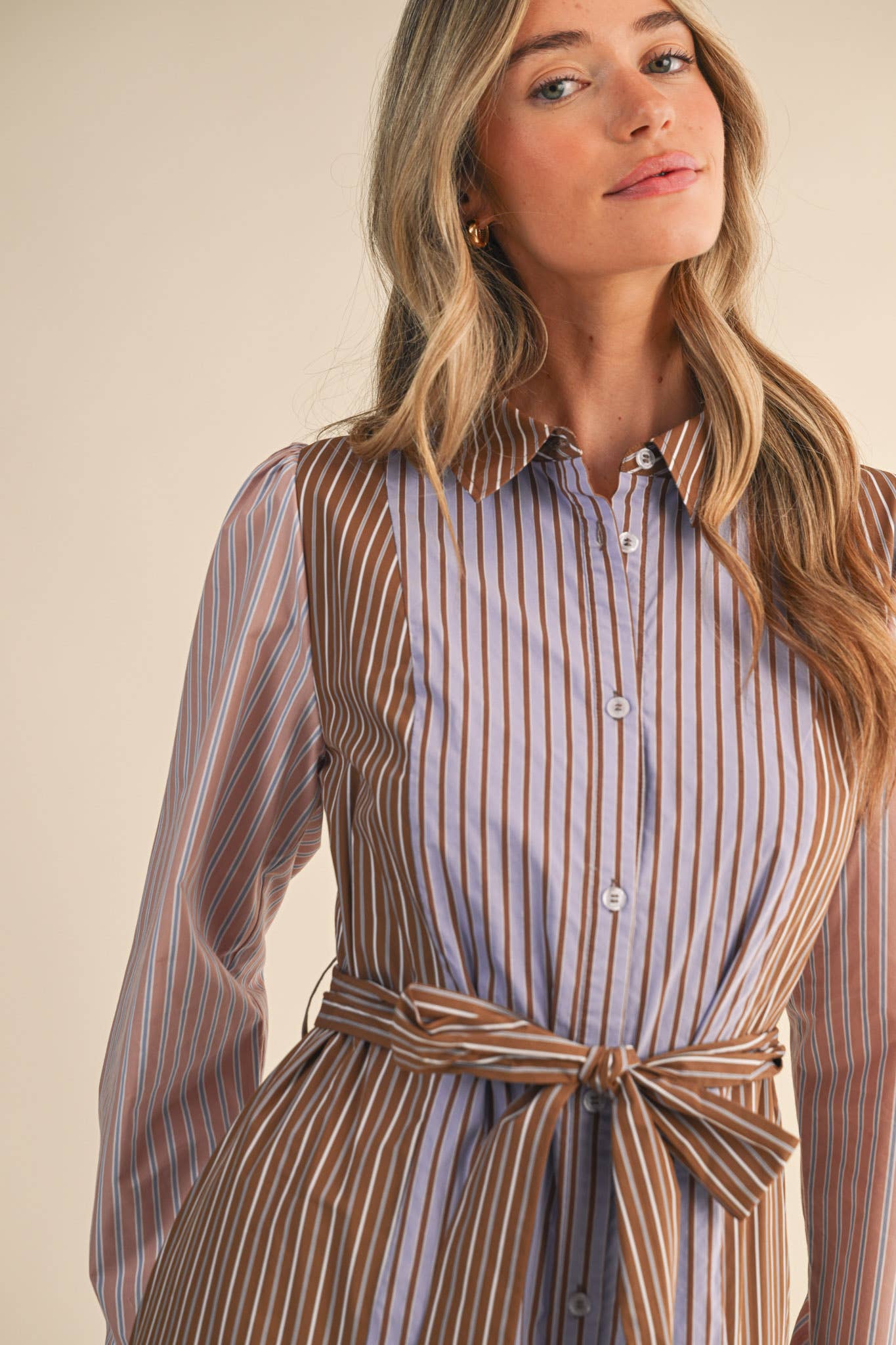 Mix Stripe Button Down Belted Midi Dress