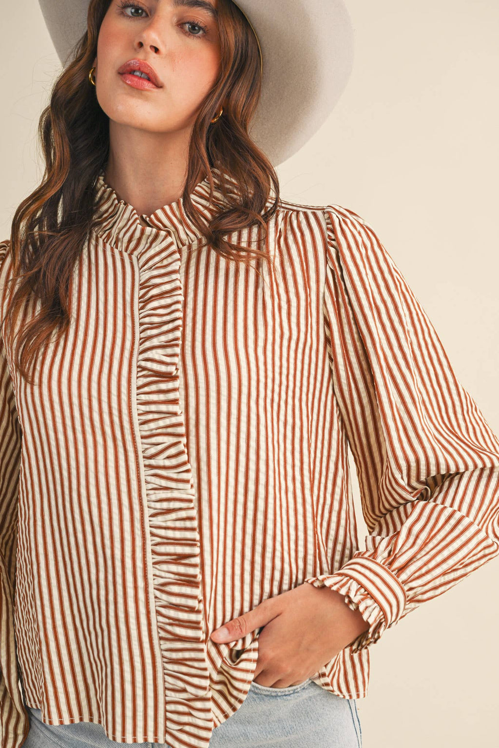 Ruffle Button Down Rust Stripe