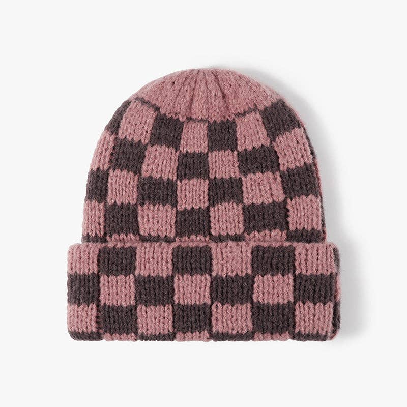 Checkered Chunky Knit Beanie Pink