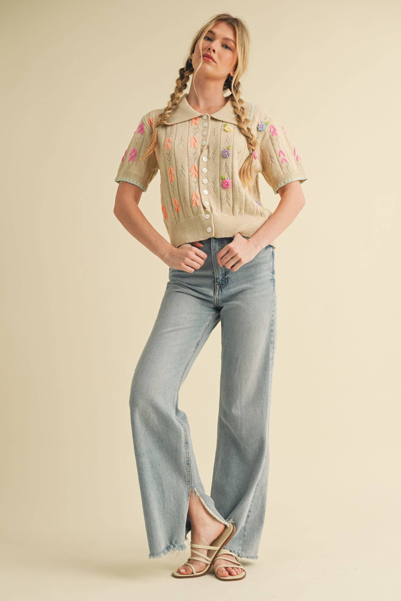 Hand Embroidered  Pointelle Crop Sweater