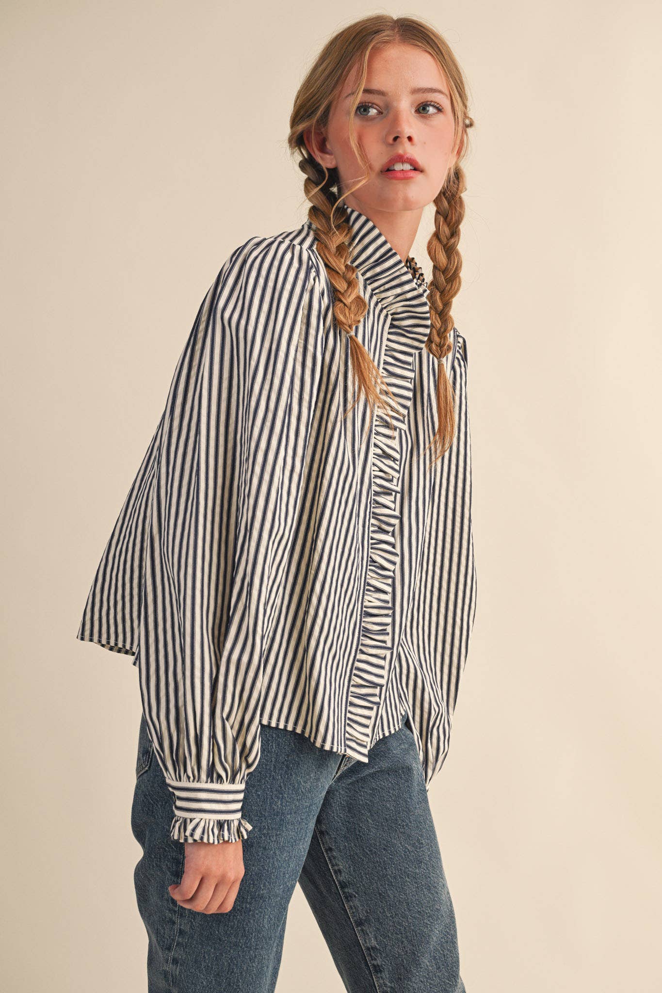 Ruffle Button Down Dark Denim Stripe