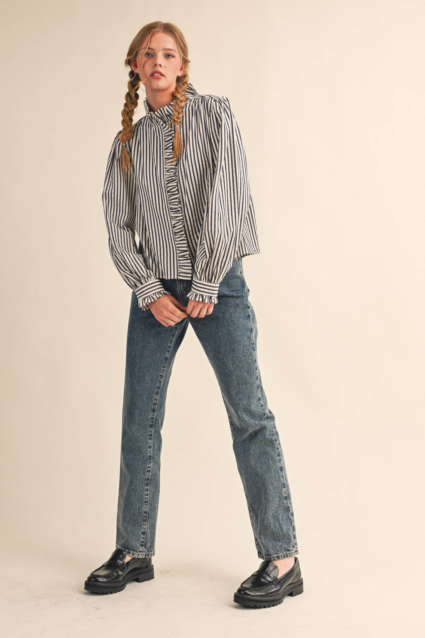 Ruffle Button Down Dark Denim Stripe