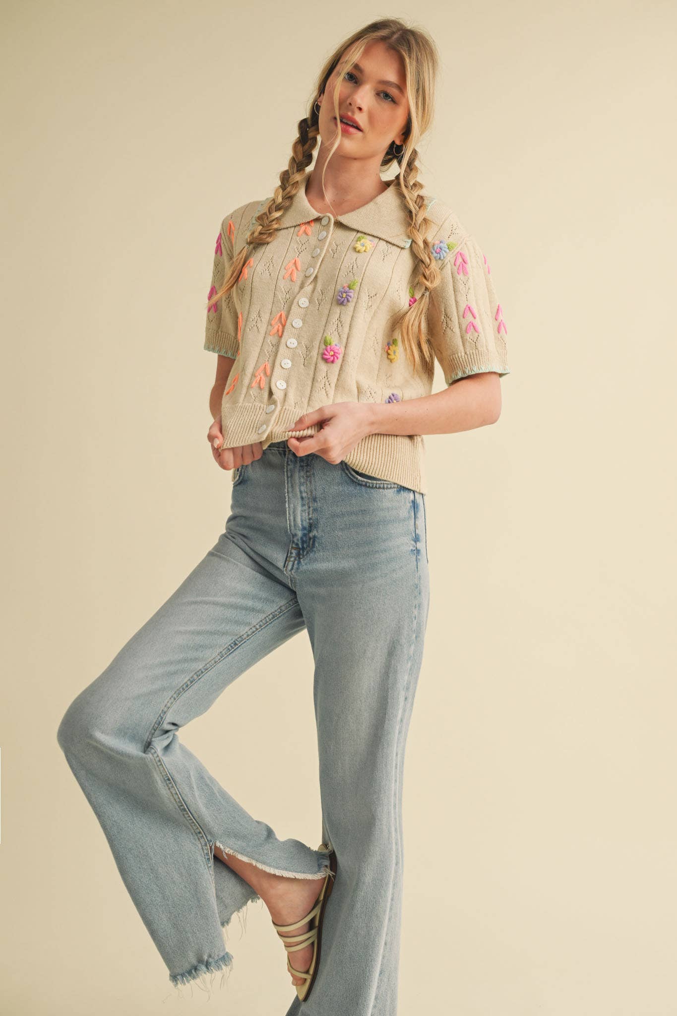 Hand Embroidered  Pointelle Crop Sweater