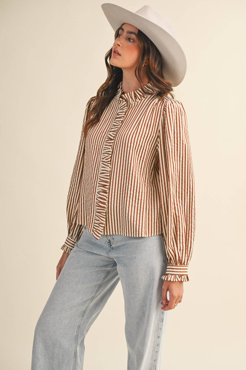 Ruffle Button Down Rust Stripe