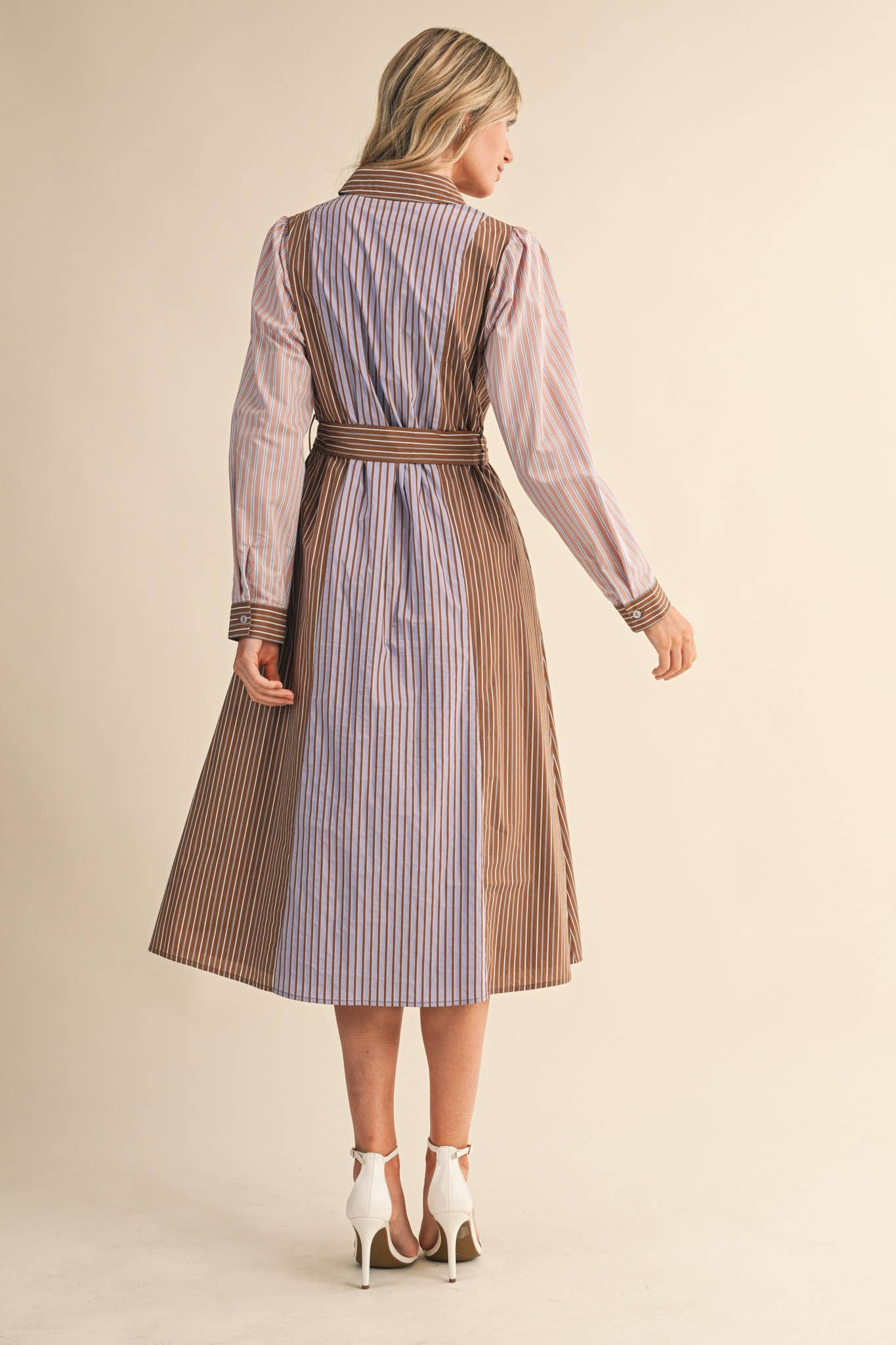 Mix Stripe Button Down Belted Midi Dress