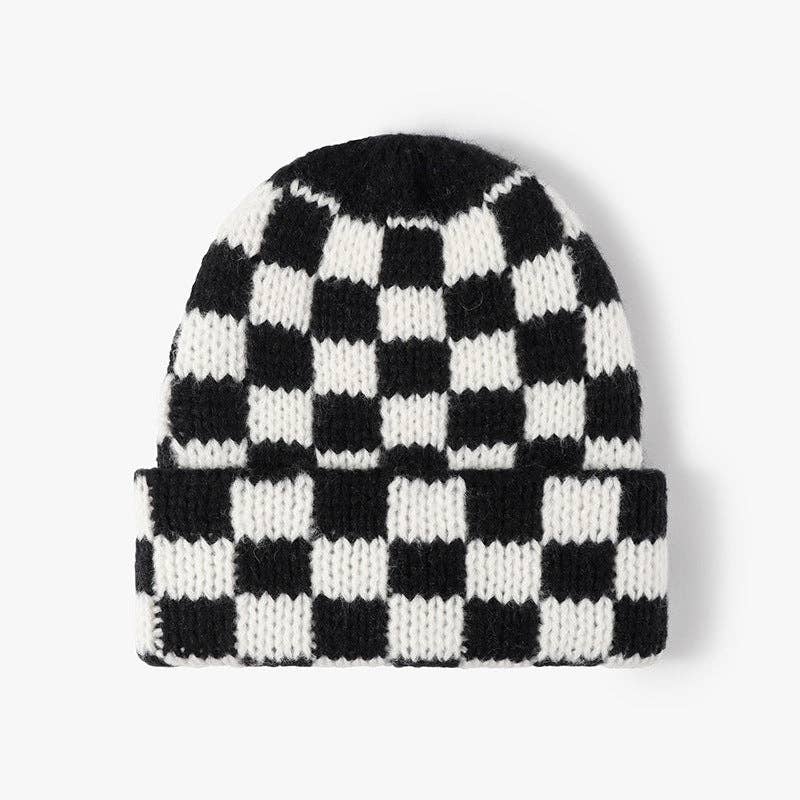 Checkered Chunky Knit Beanie Black