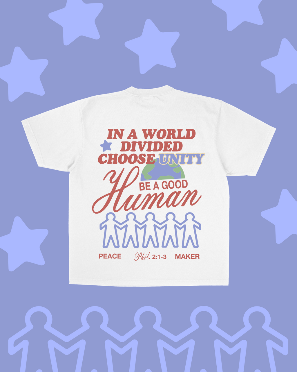 White t-shirt with motivational message on a blue background with star and silhouette designs.