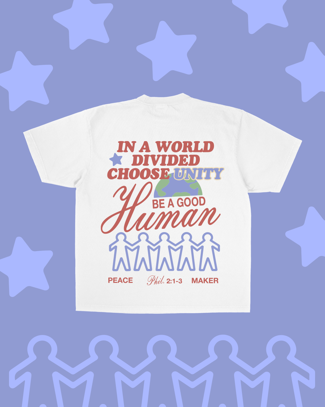 White t-shirt with motivational message on a blue background with star and silhouette designs.