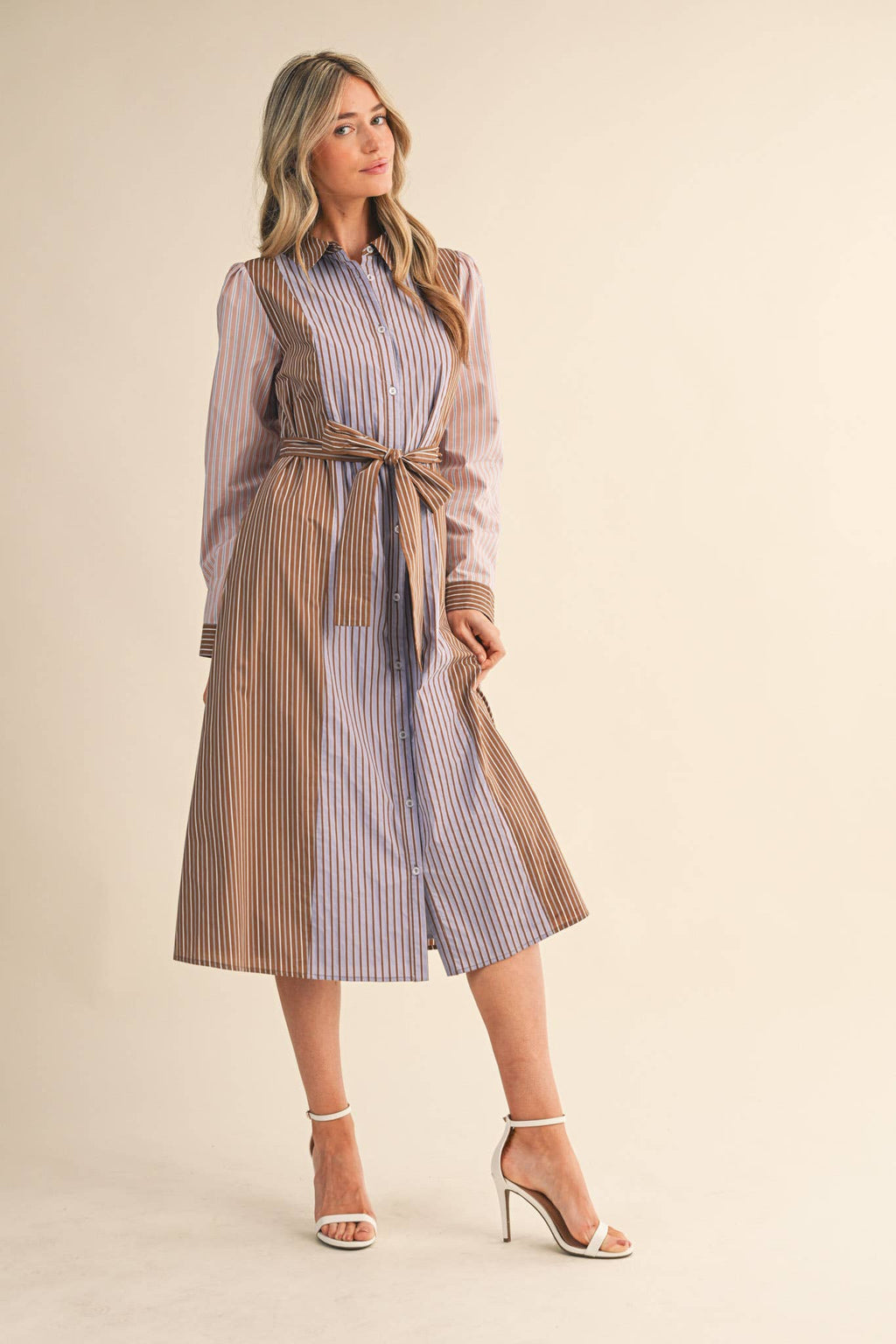 Mix Stripe Button Down Belted Midi Dress