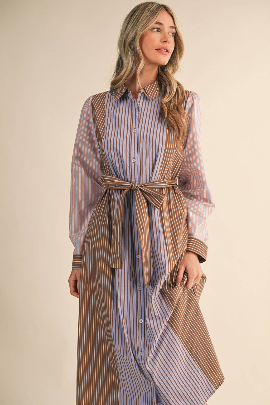 Mix Stripe Button Down Belted Midi Dress