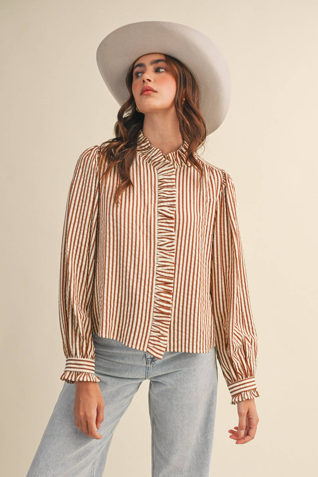Ruffle Button Down Rust Stripe