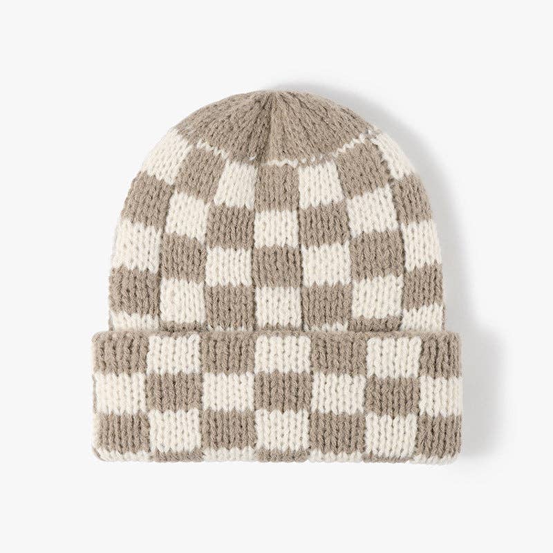 Checkered Chunky Knit Beanie Khaki