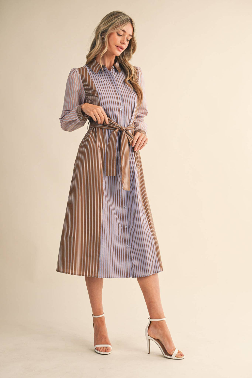 Mix Stripe Button Down Belted Midi Dress
