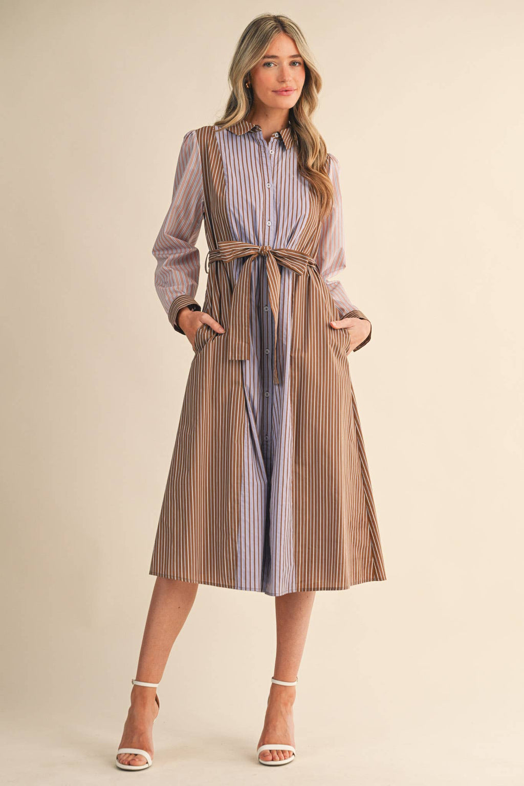 Mix Stripe Button Down Belted Midi Dress