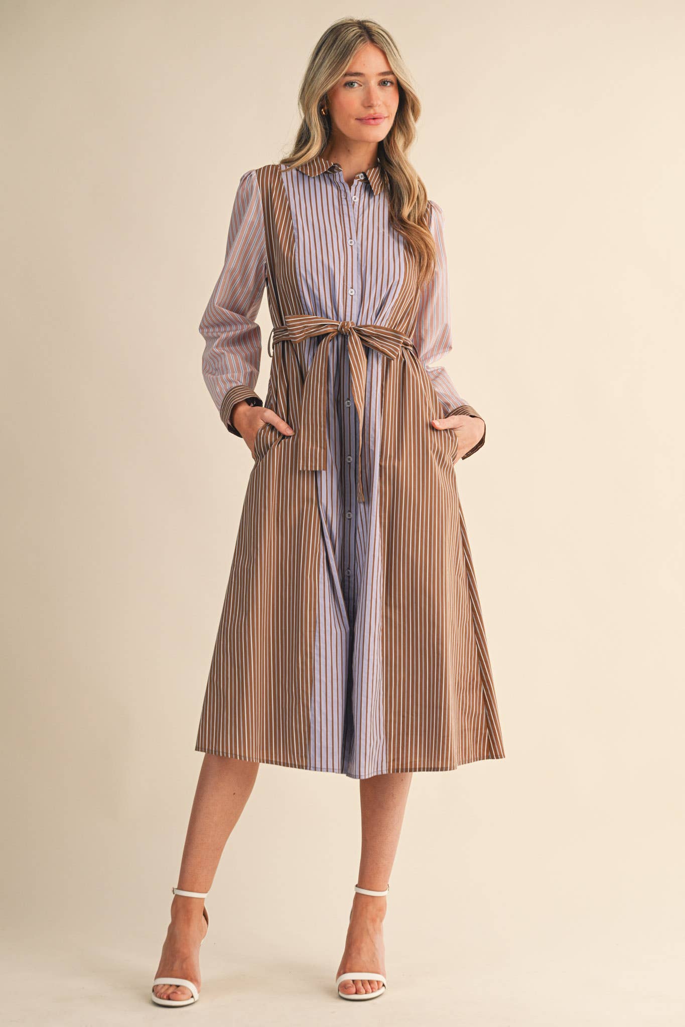 Mix Stripe Button Down Belted Midi Dress