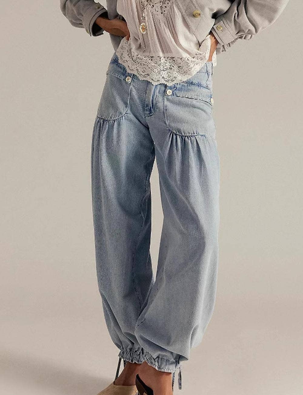 Oversized Drawstring Ankle Jeans Grey