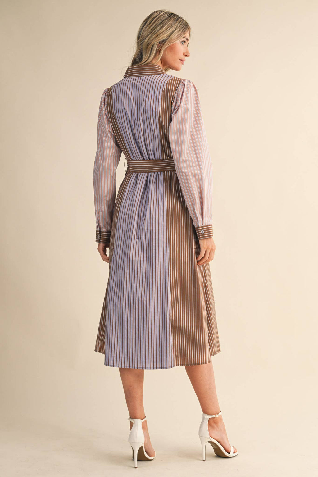Mix Stripe Button Down Belted Midi Dress
