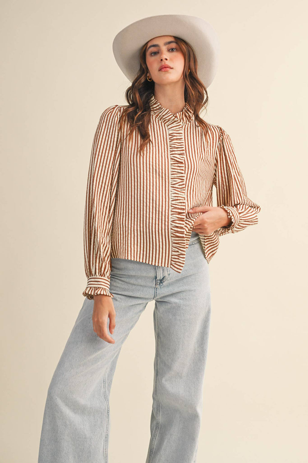 Ruffle Button Down Rust Stripe