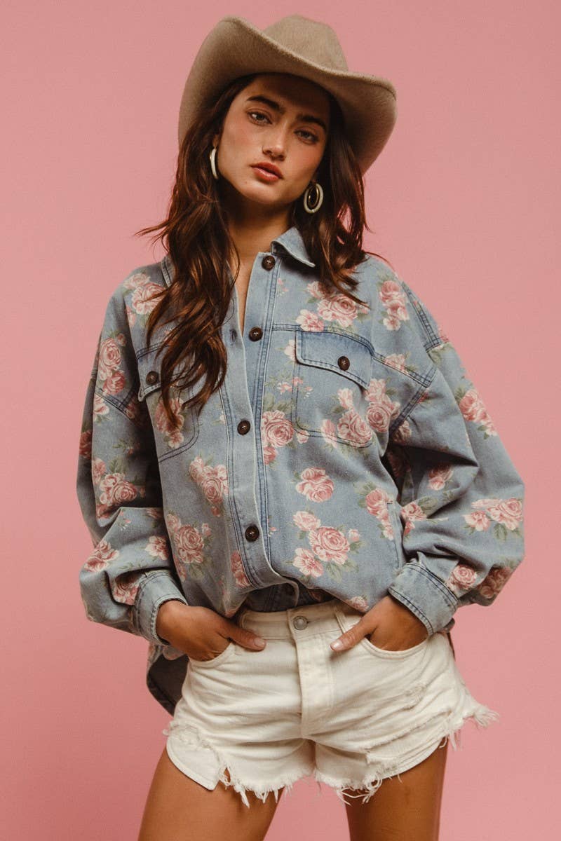 Floral Washed Denim Shacket