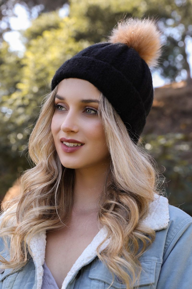 Faux Fur Pom Beanie Black