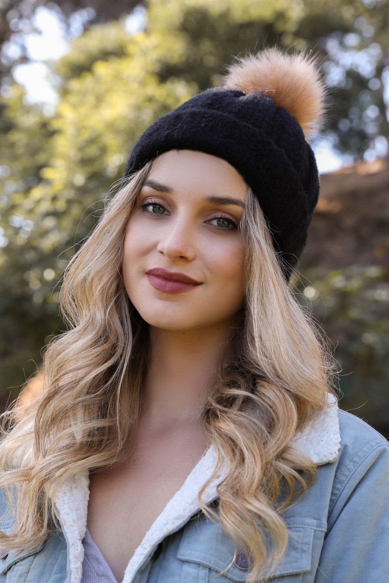 Faux Fur Pom Beanie Black