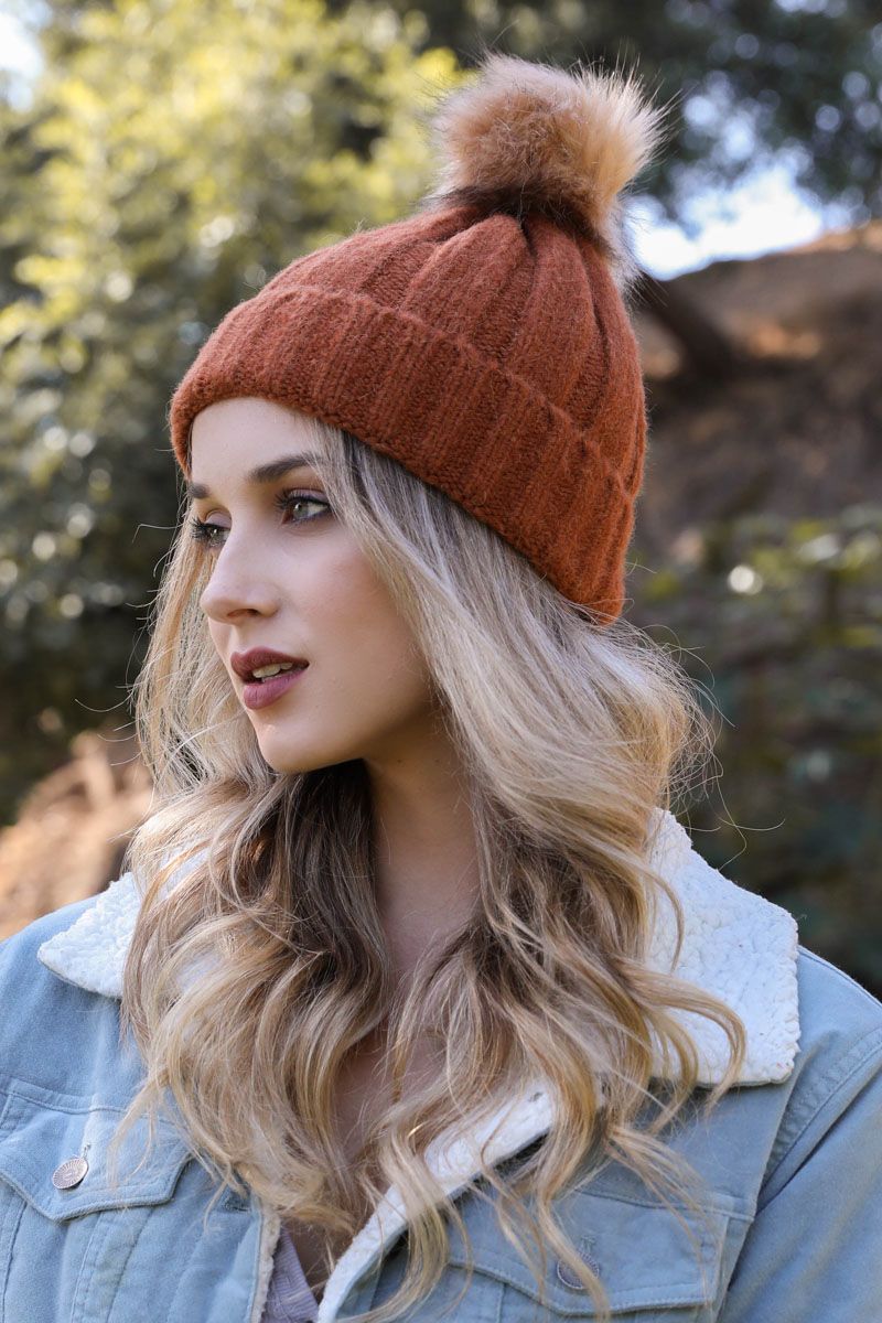 Faux Fur Pom Beanie Rust