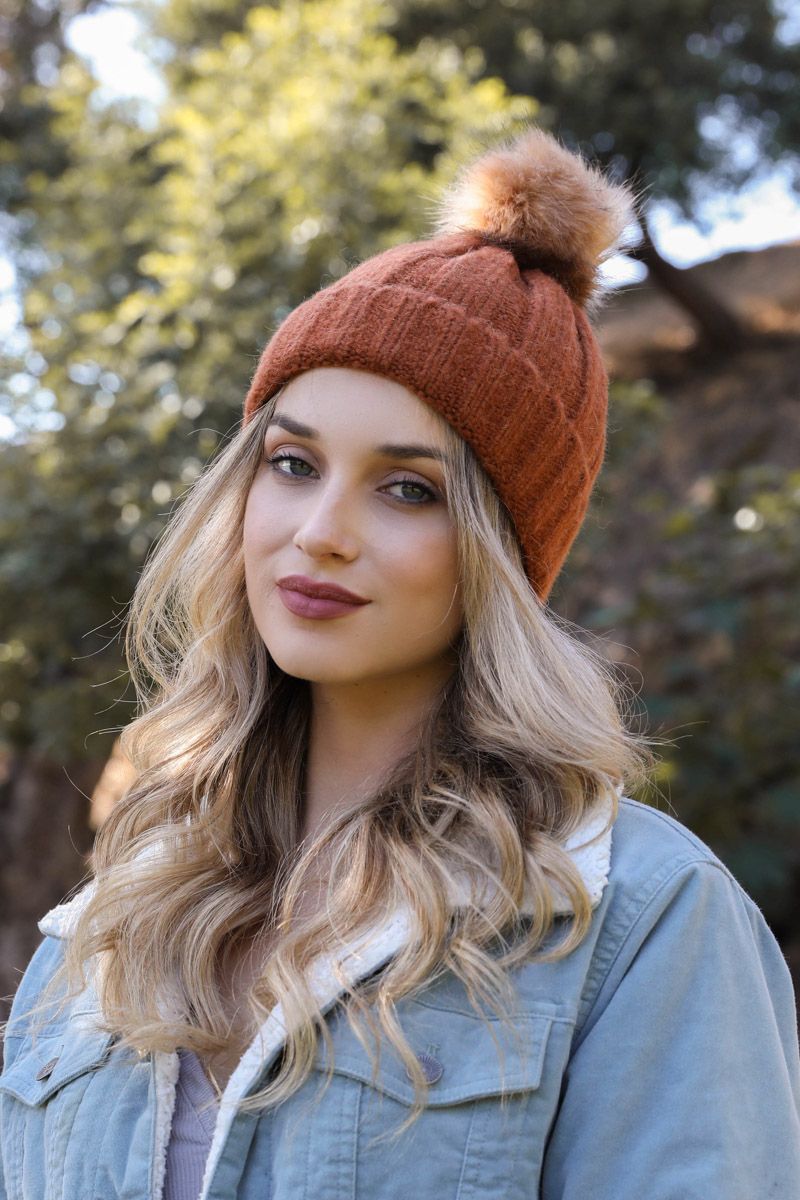 Faux Fur Pom Beanie Rust