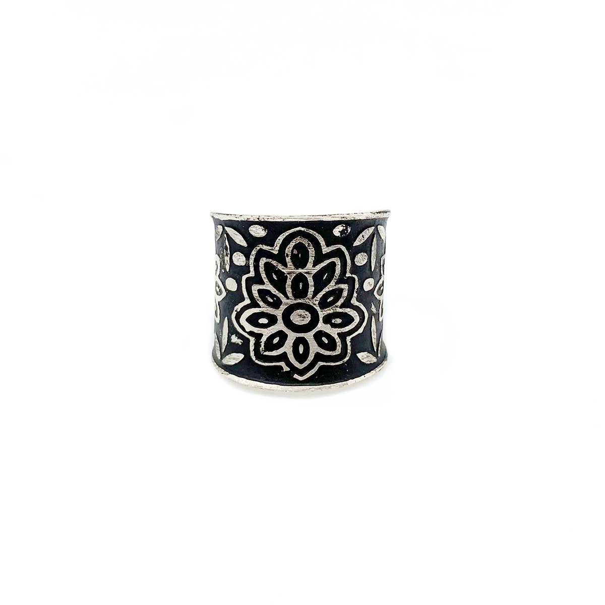 Patina Silver Cuff Ring - Black Floral